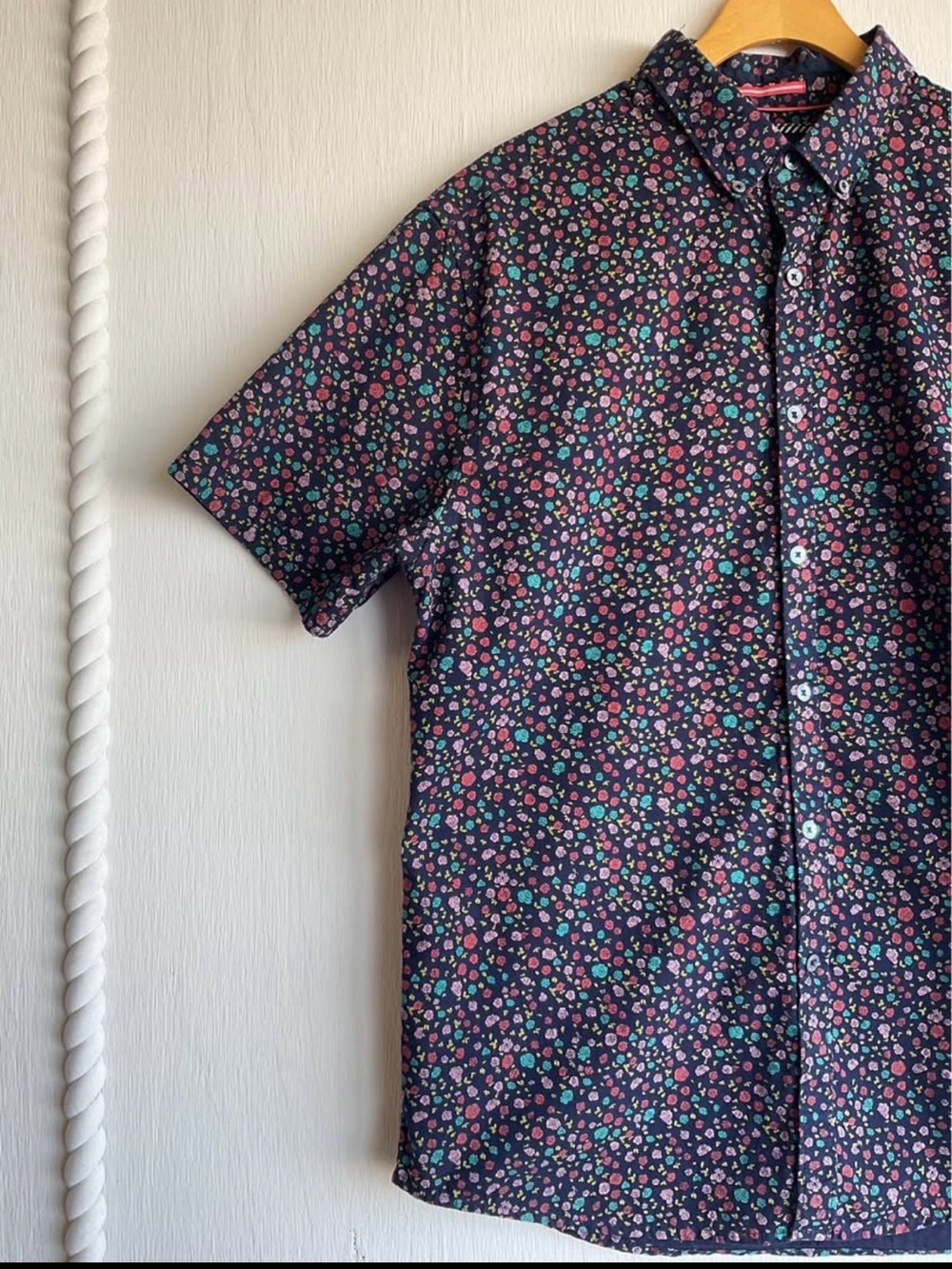Denim & Flower Navy Short Sleeve Button-Down with Pink & Teal Floral